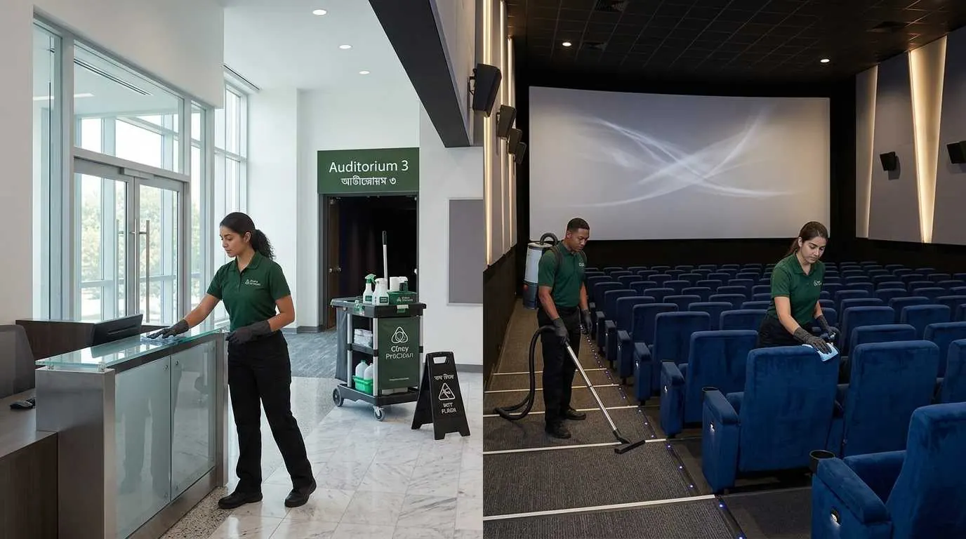 Movie theater cleaning crew resetting an auditorium in Cincinnati, OH
