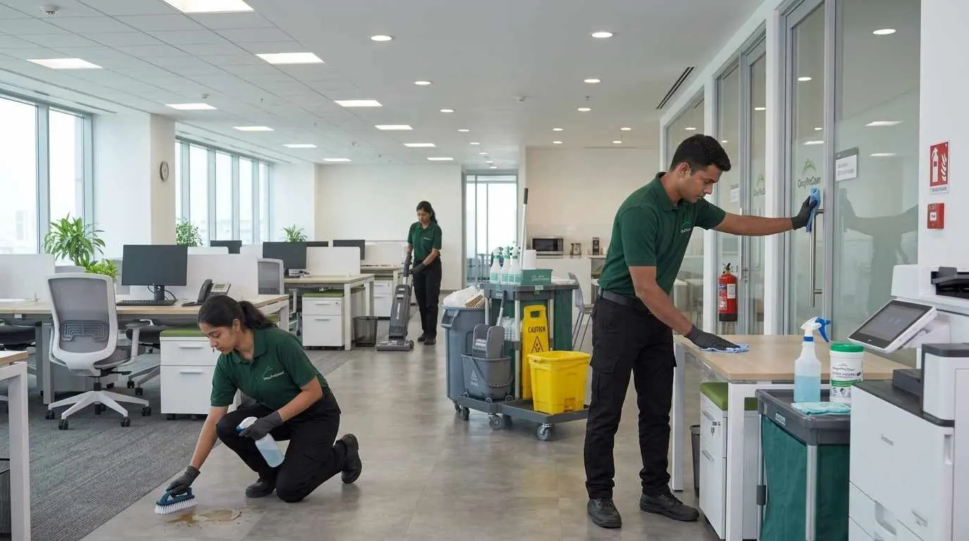 Commercial deep cleaning crew scrubbing floors in a Cincinnati, OH office