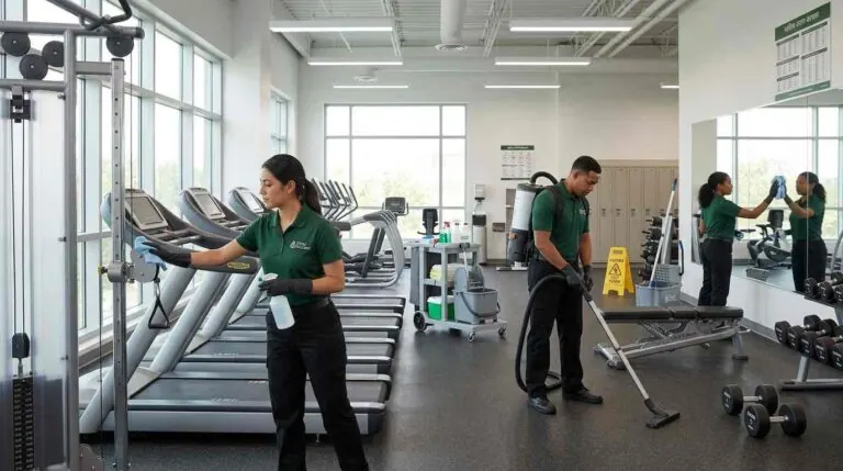 Cleaner sanitizing treadmill rails while coworkers vacuum and wipe mirrors in a gym