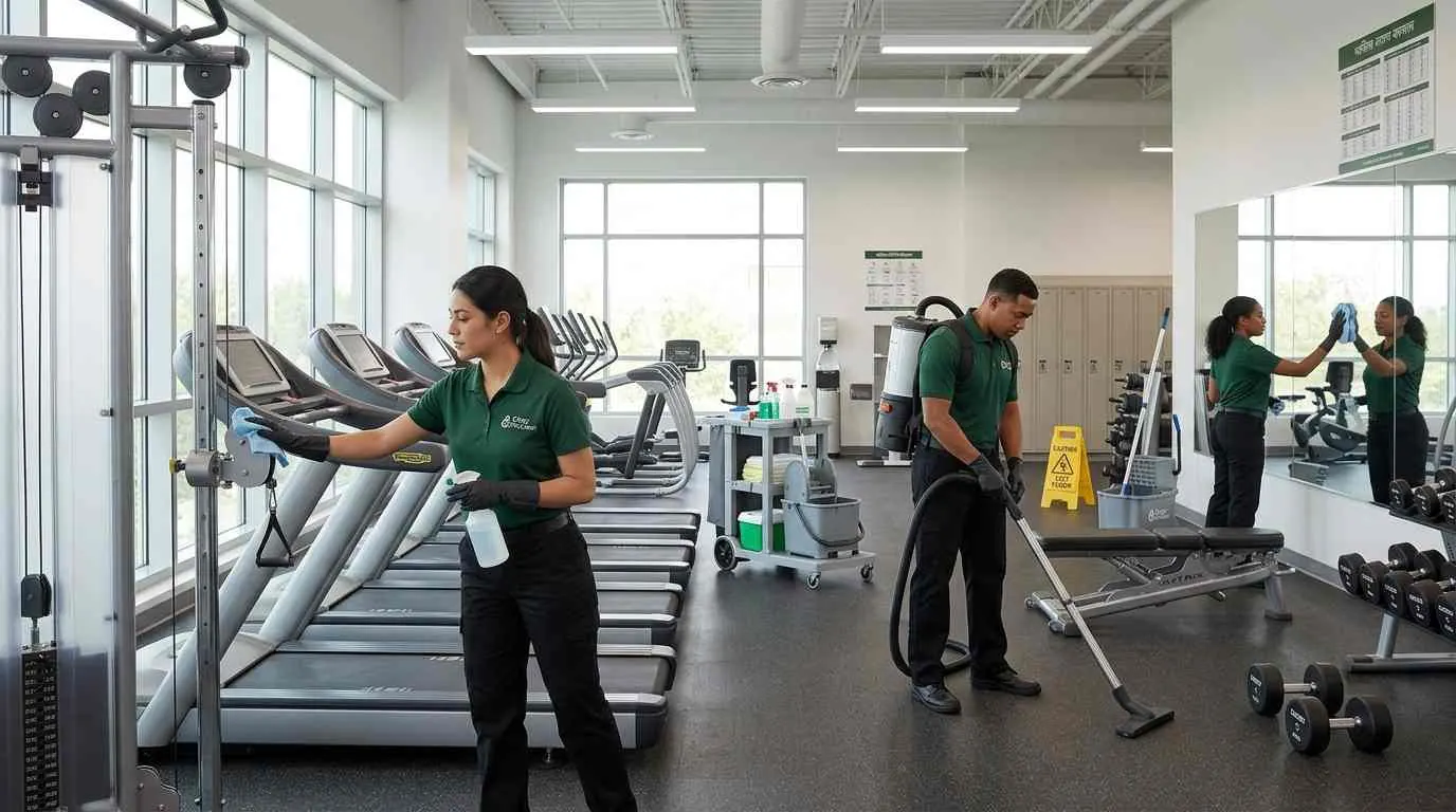 Gym cleaning crew sanitizing fitness equipment in a Cincinnati, OH health club