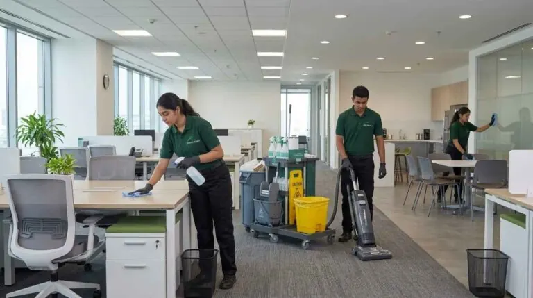 Cleaning crew wiping desks, vacuuming and cleaning glass in an office