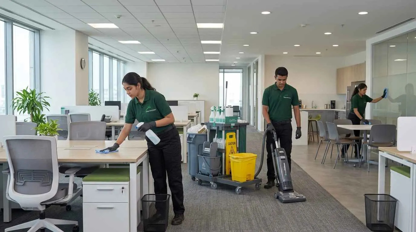 Commercial housekeeping crew cleaning an office breakroom in Cincinnati, OH
