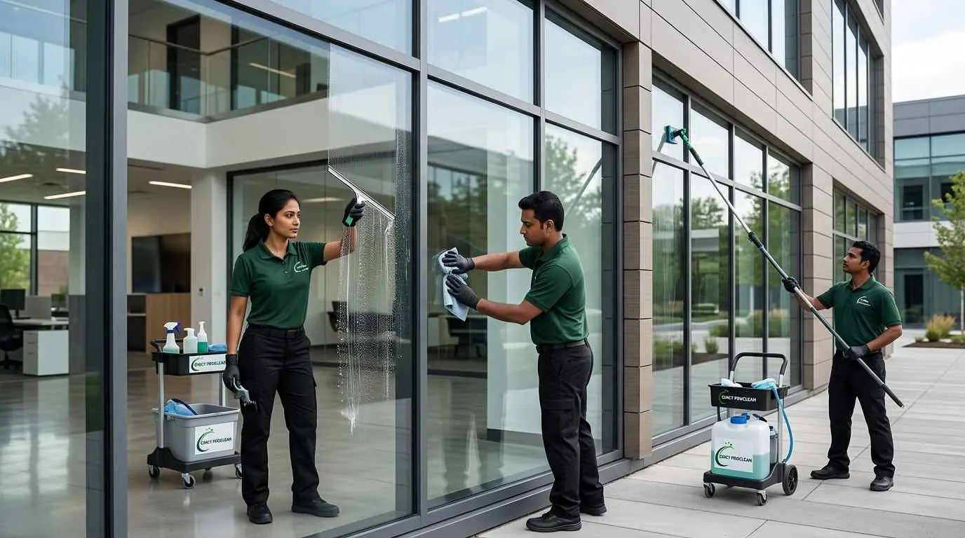 Commercial window cleaner cleaning storefront glass in Cincinnati, OH