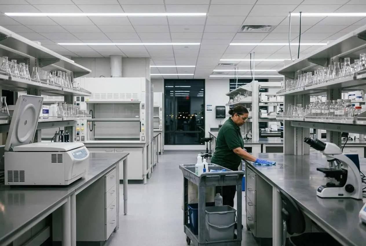 Laboratory cleaning operator wiping a cleared bench in a Cincinnati, OH lab