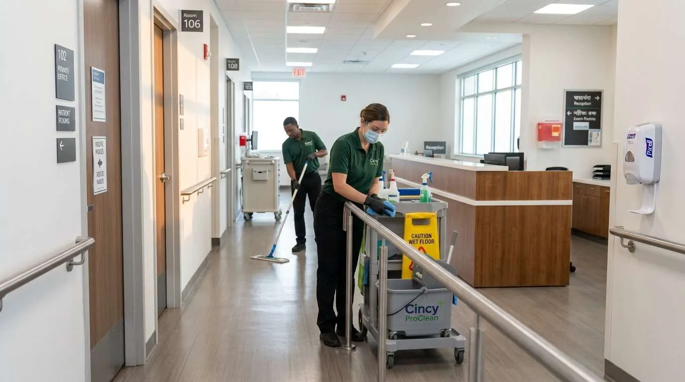 Medical facility cleaning crew disinfecting an exam room in Cincinnati, OH