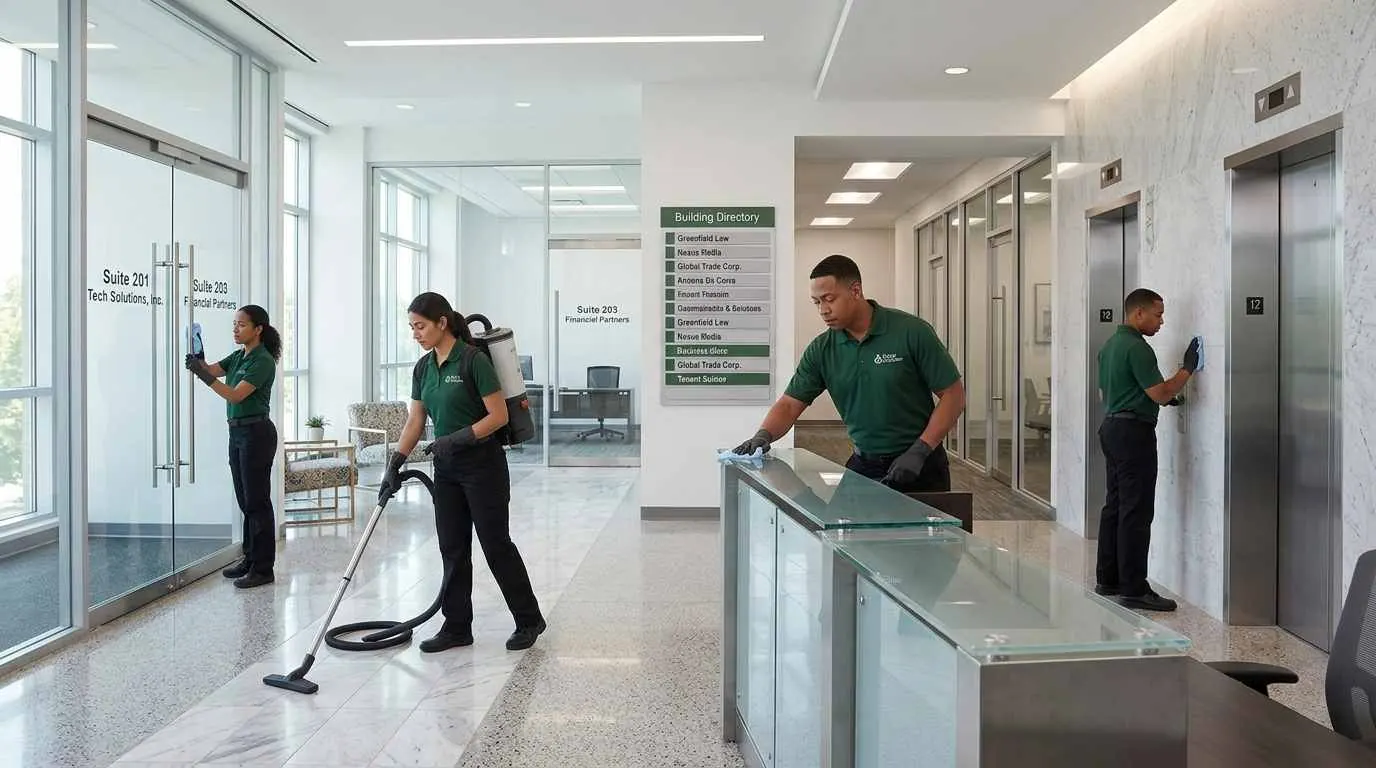 Cleaning crew working the lobby of a multi-tenant building in Cincinnati, OH