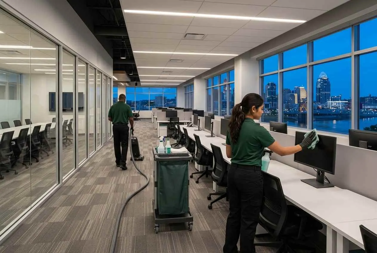 Office cleaning crew working after hours in a Cincinnati, OH open-plan office