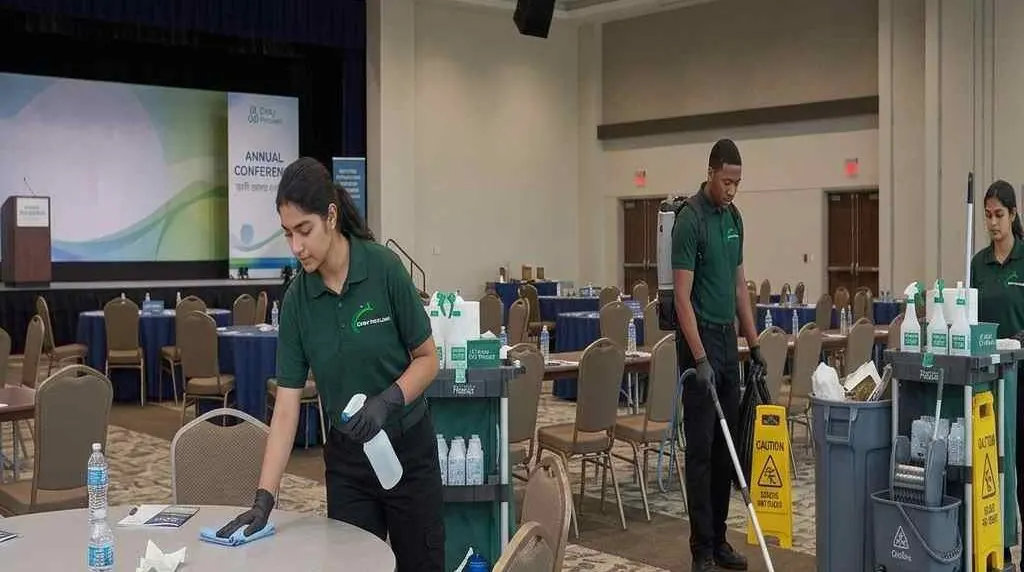 Event cleaning crew clearing a hall after an evening event in Cincinnati, OH