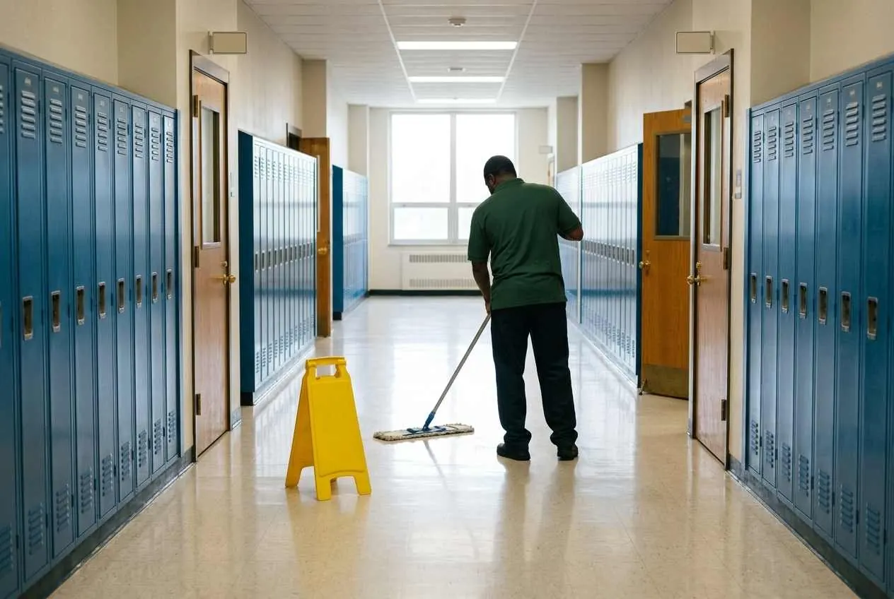School cleaning services crew working a Cincinnati, OH school hallway after dismissal