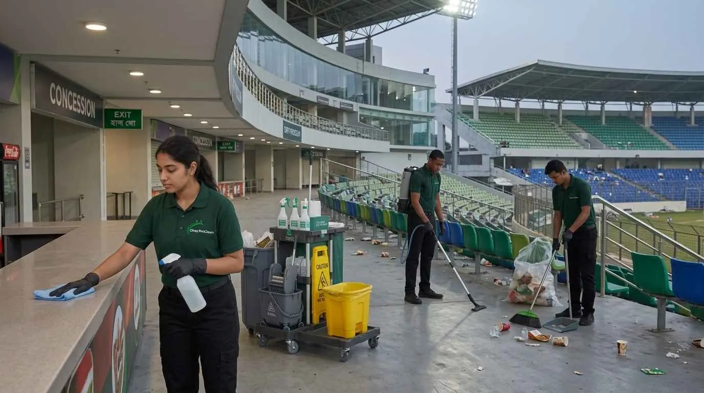 Stadium cleaning crew clearing a concourse after a game in Cincinnati, OH