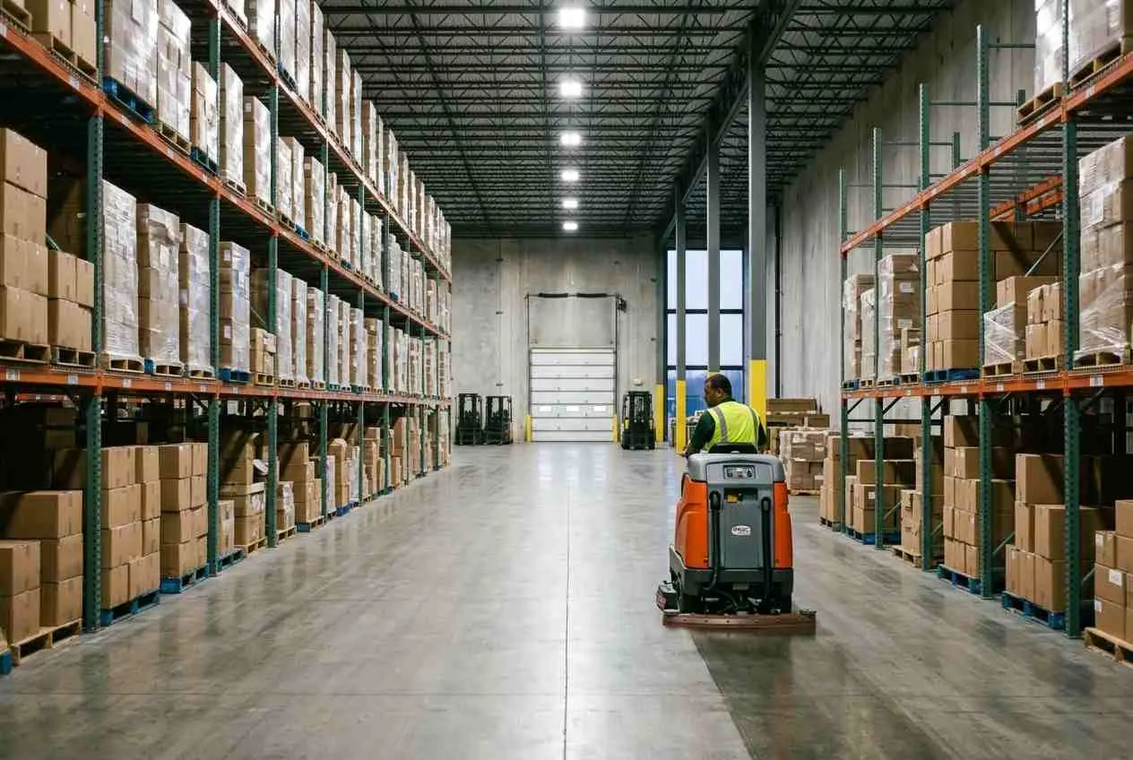 Warehouse cleaning crew scrubbing a Cincinnati, OH distribution center floor