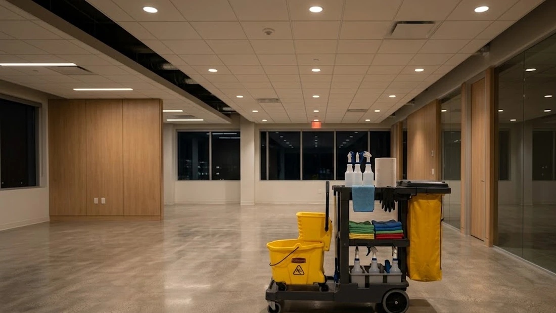 A janitorial cart with supplies in an empty office corridor at night