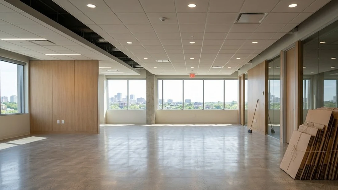 An empty commercial suite mid-turnover with flattened cardboard stacked against the wall