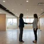 Two people shaking hands in an empty commercial office after agreeing a cleaning contract
