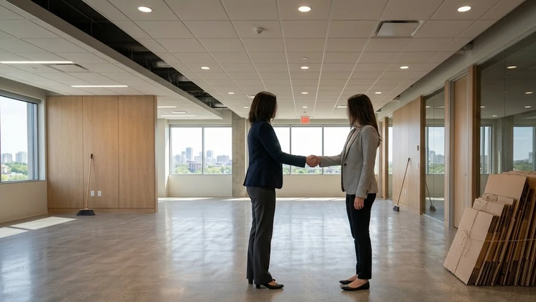 Two people shaking hands in an empty commercial office space
