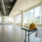 Hard hat and wall calendar on a table in a finished commercial space awaiting post construction cleaning