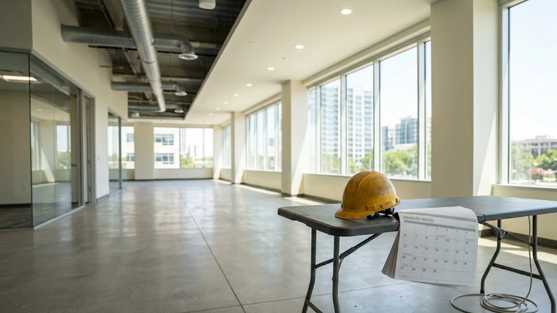 A hard hat and a wall calendar on a folding table in a newly finished commercial space