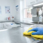 Gloved hand disinfecting a stainless steel counter with a microfiber cloth in a clinical room