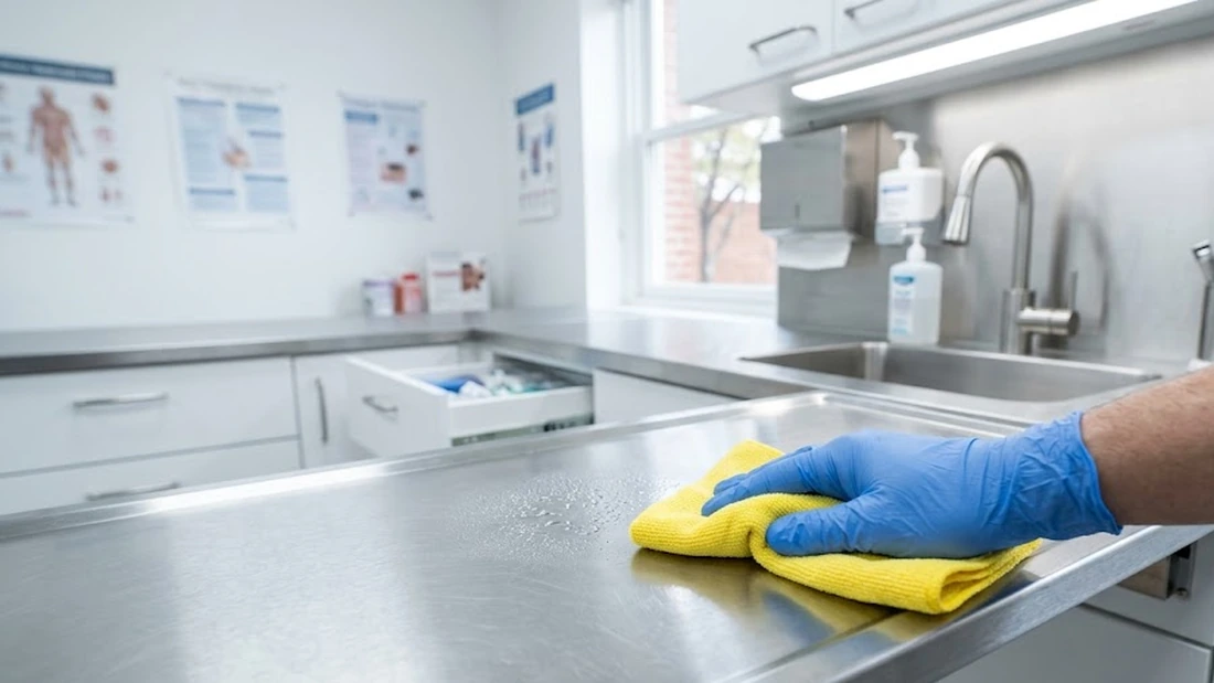 A gloved hand wiping a stainless steel counter with a microfibre cloth in a clinical room