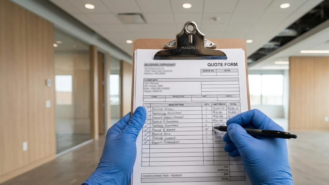 A gloved hand marking off a cleaning checklist on a clipboard in a newly finished commercial space