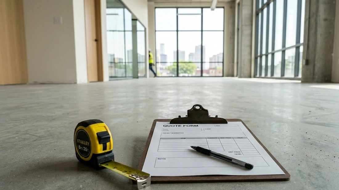 A blank quote form on a clipboard with a tape measure on a clean concrete floor in a finished commercial space