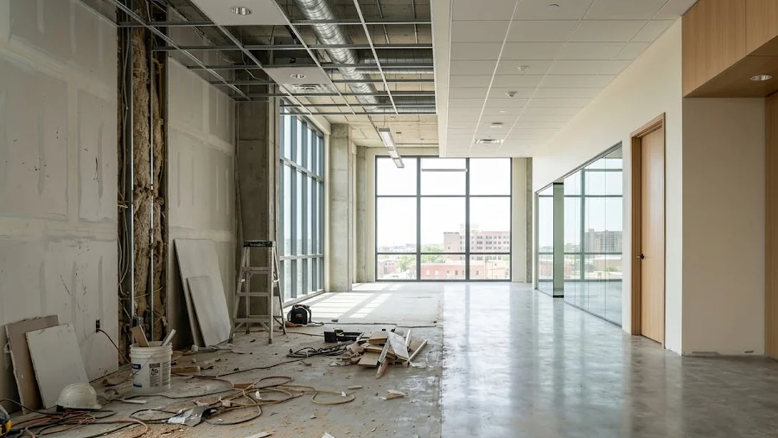 One commercial corridor shown mid-construction on the left and finished and clean on the right