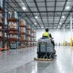 Ride-on floor scrubber cleaning a polished concrete warehouse floor between racking