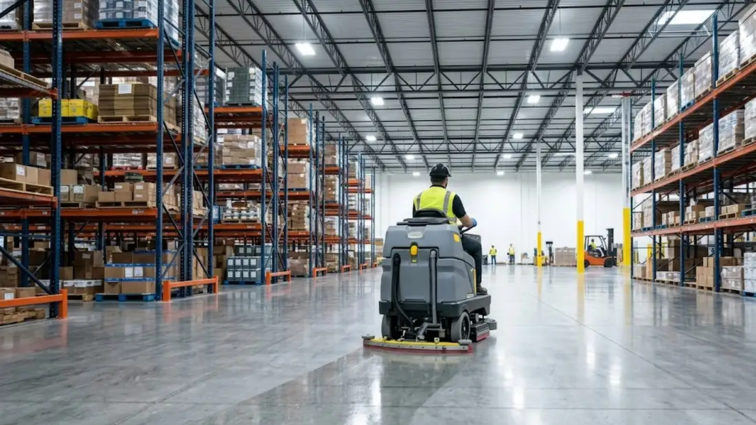 A ride-on floor scrubber cleaning a polished concrete warehouse floor between racking