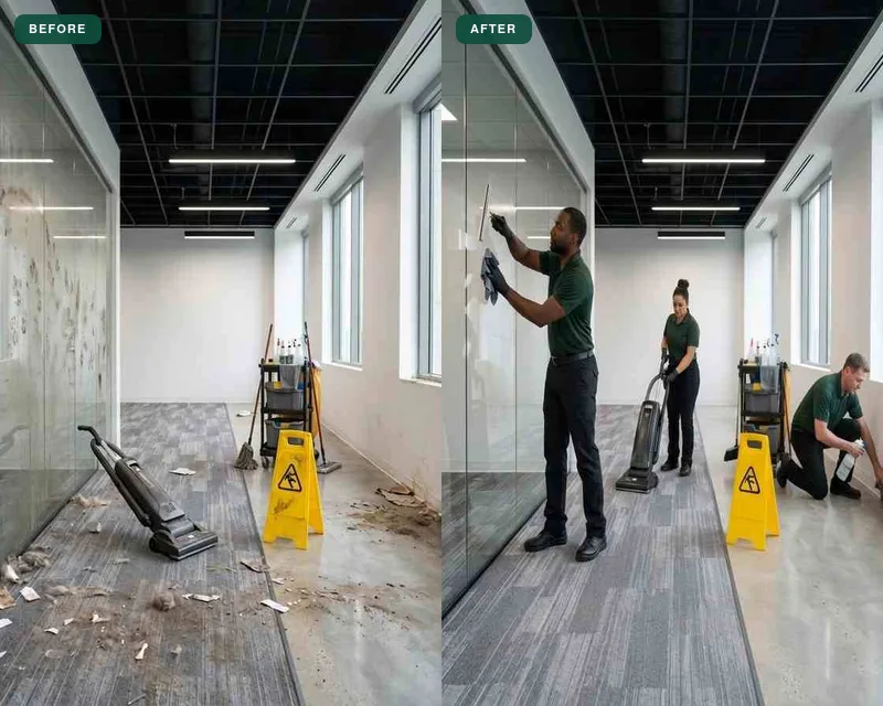 Commercial cleaning crew in uniform cleaning a Cincinnati office corridor, shown before and after