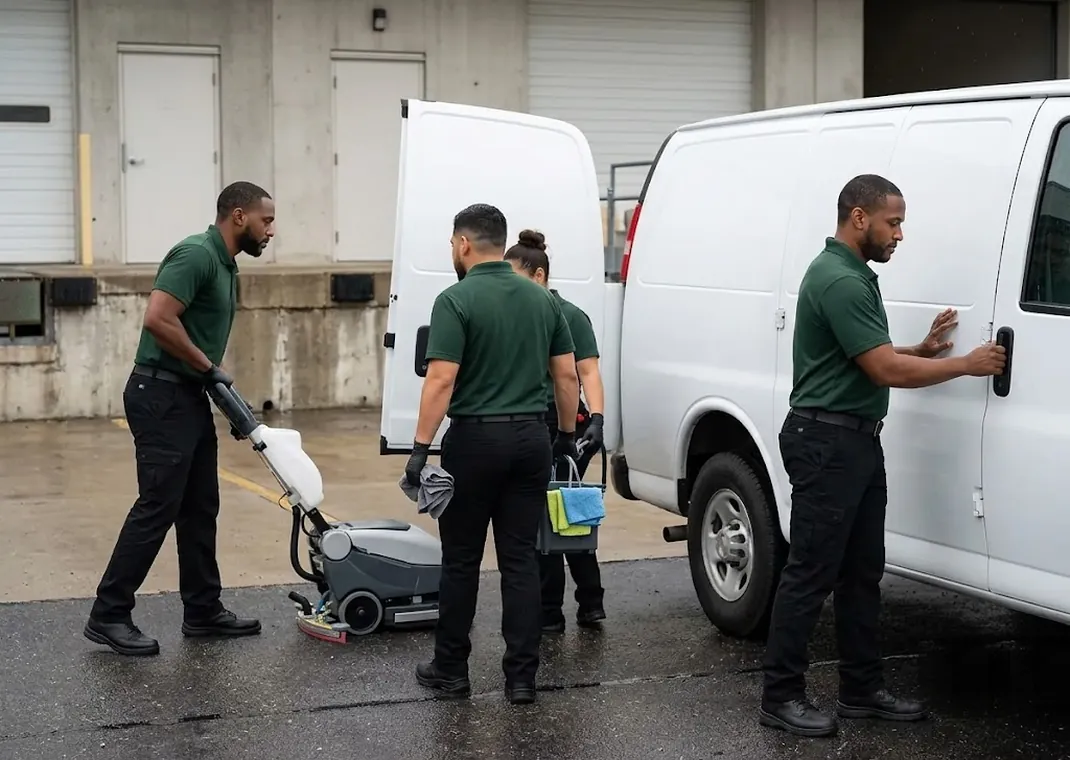 Commercial cleaning crew loading equipment into the work van in Cincinnati, Ohio