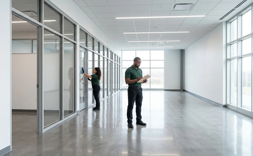 Commercial cleaners in Cincinnati checking a written scope of work on site