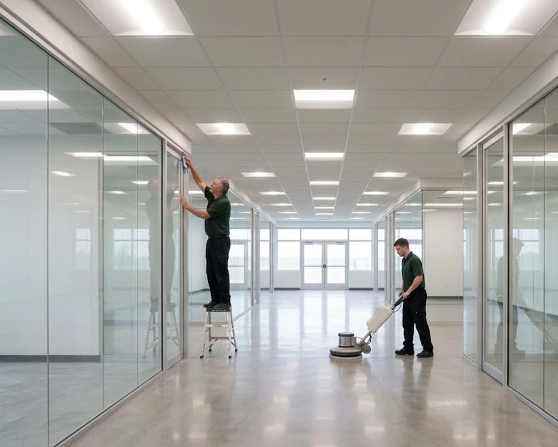 Commercial cleaner detailing glass partitions during a final construction clean in Cincinnati