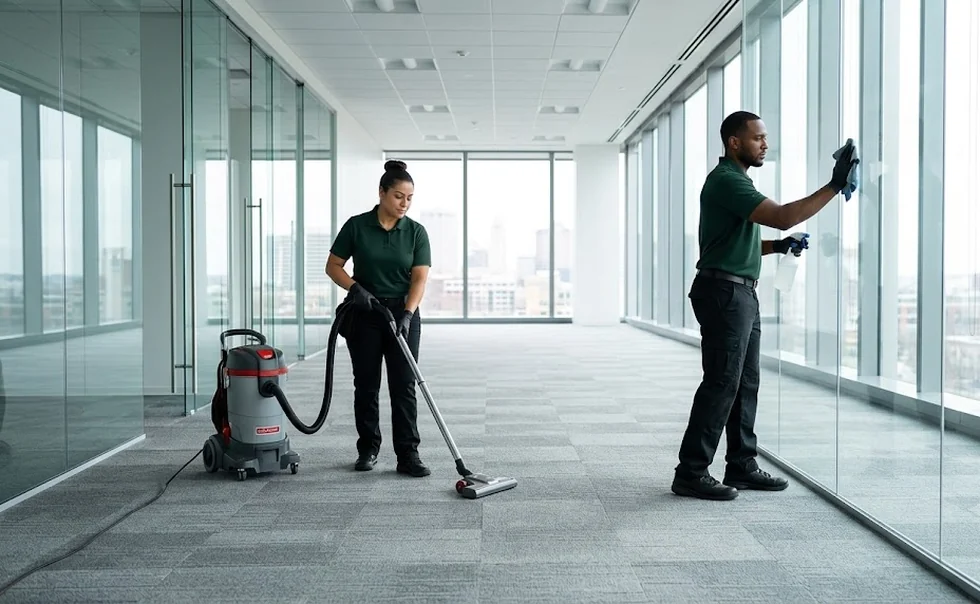 Crew vacuuming carpet and wiping glass partitions in an Ohio office