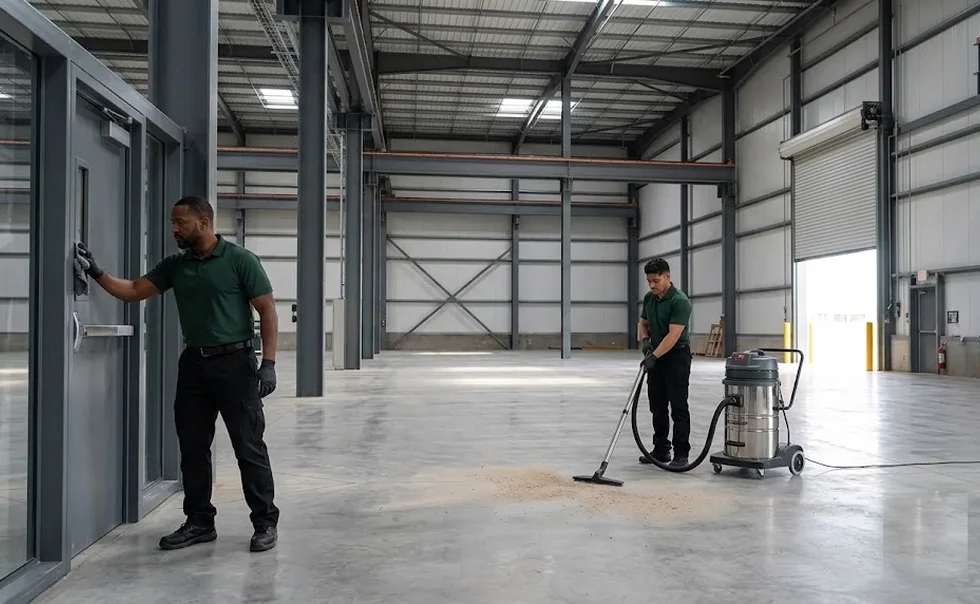 Crew removing dust and detailing doors in an Ohio industrial building