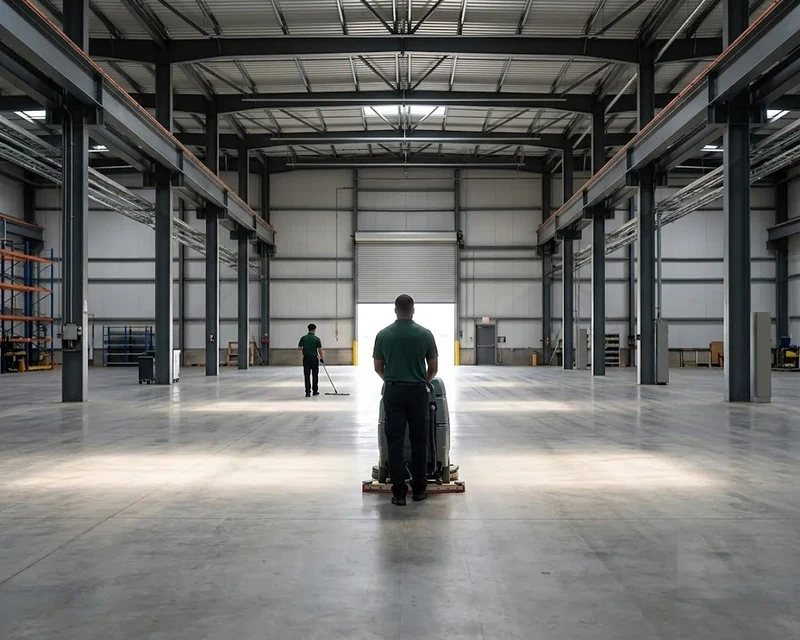 Operator machine-scrubbing a warehouse floor in Ohio