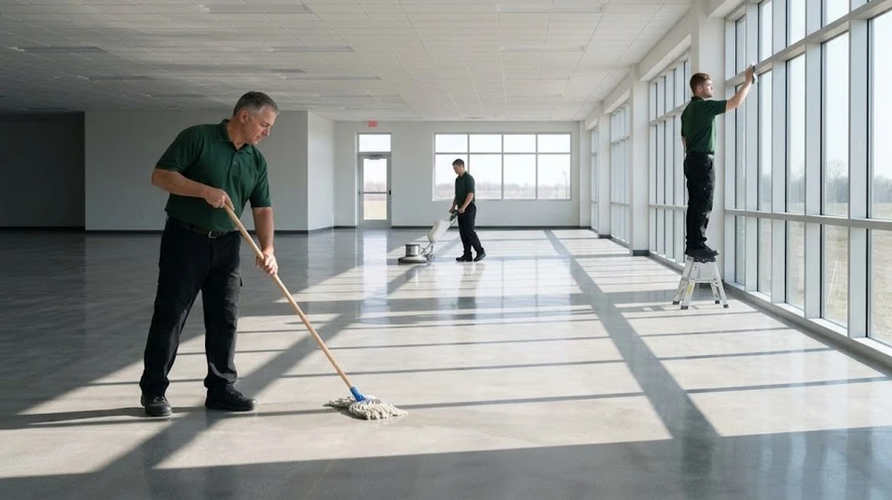 Uniformed crew working through a newly finished office space in Ohio