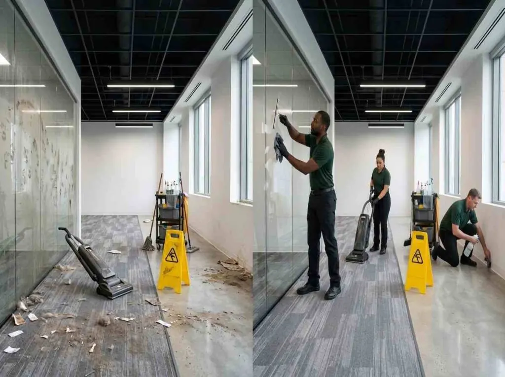 Commercial cleaning services in Ohio: office corridor shown before and after a commercial clean, with the crew working in the finished half
