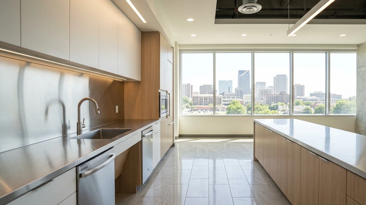 Office break room and kitchen prepared for a tenant turnover
