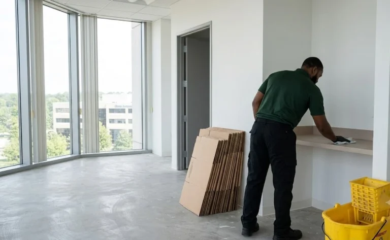 Commercial move-out cleaning: cleaner wiping a counter in a vacant suite beside flattened boxes and a mop bucket