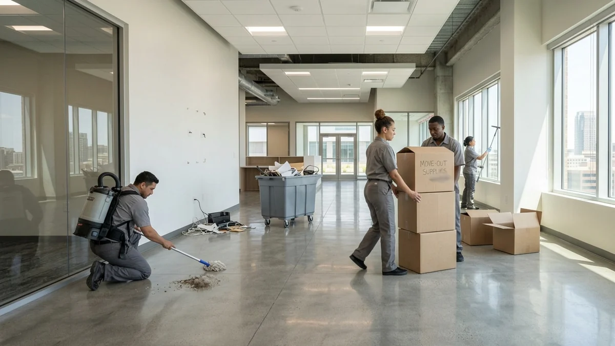 Cleaning crew removing trash and debris during a commercial move out cleaning