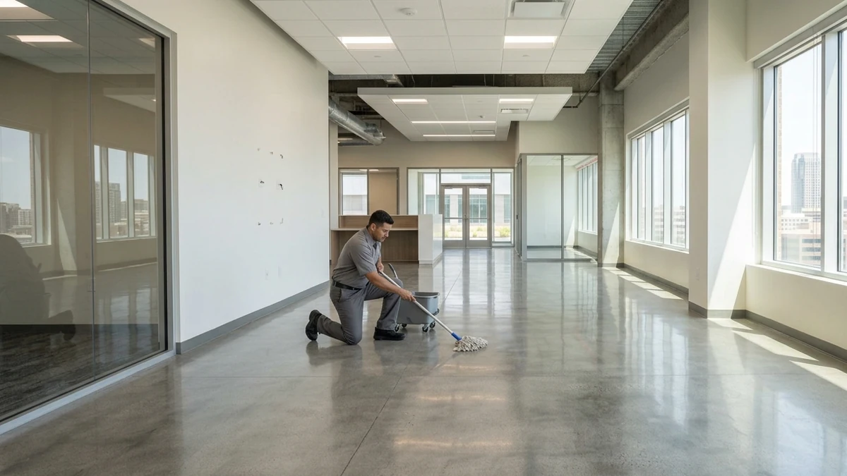 Mopping the floor of a vacated office suite in Ohio