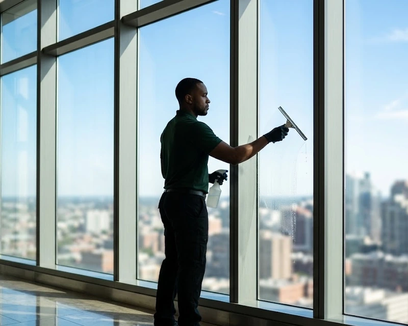 Worker washing a floor-to-ceiling window in an Ohio office tower