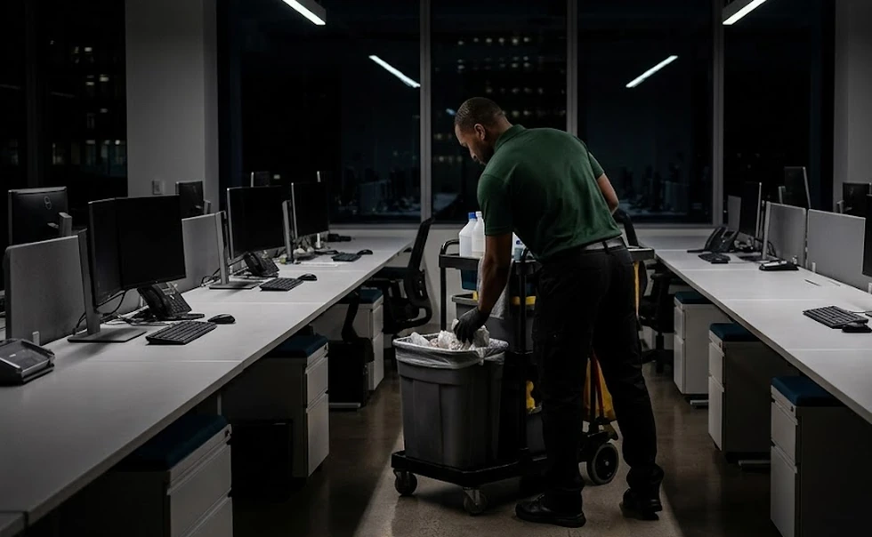 Worker emptying waste bins in an office after hours