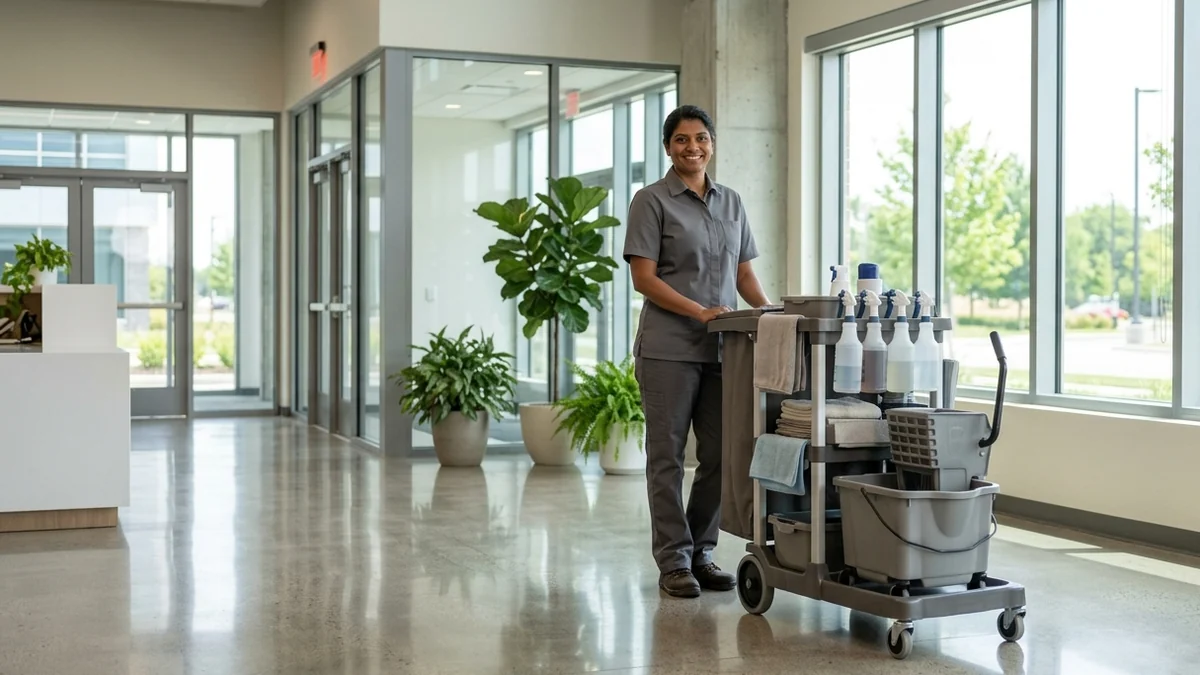 Janitorial crew member with a cleaning cart in a Cincinnati commercial office