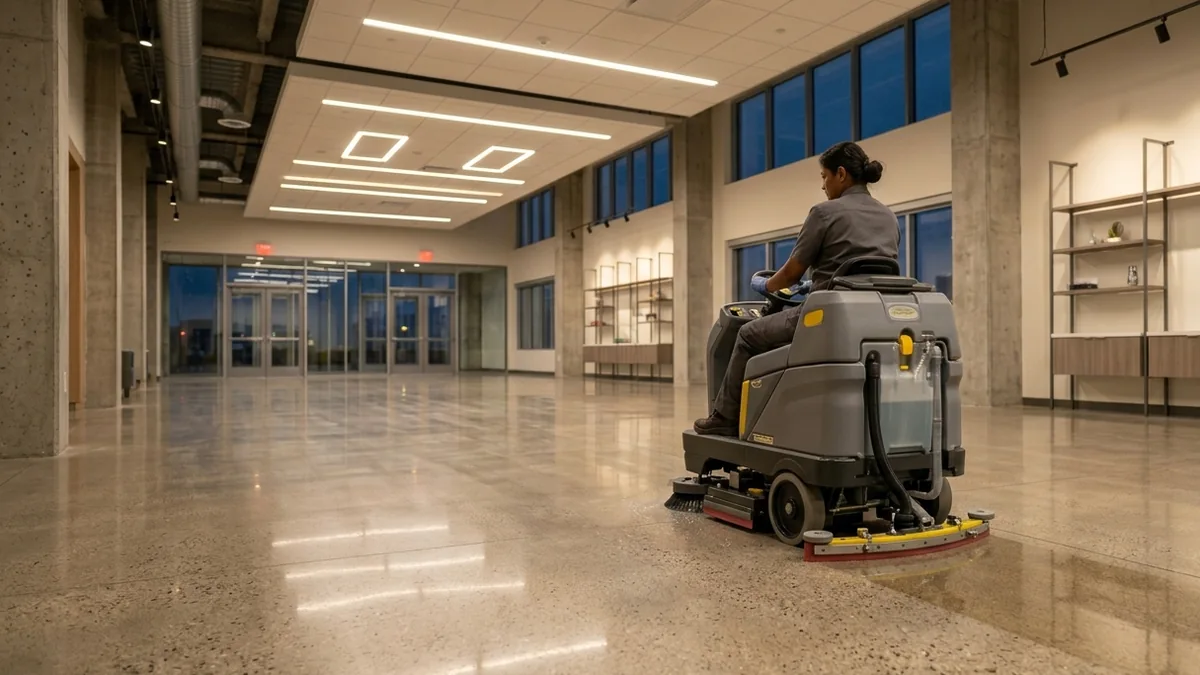 Operator scrubbing an office lobby floor after hours in Cincinnati