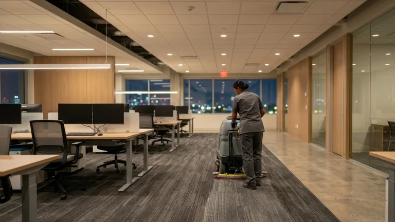 Cleaner running a carpet machine through an open-plan office at night