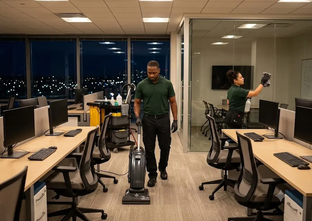 Nightly janitorial cleaner vacuuming and cleaning glass in a Cincinnati office after hours