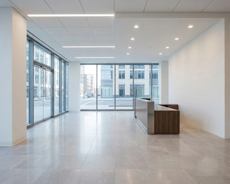 Newly finished office lobby in Columbus, Ohio after post construction cleaning