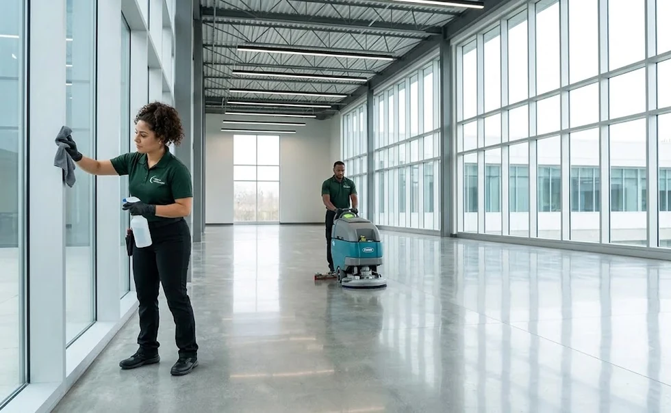 Crew washing windows and detailing floors in a newly finished Ohio building
