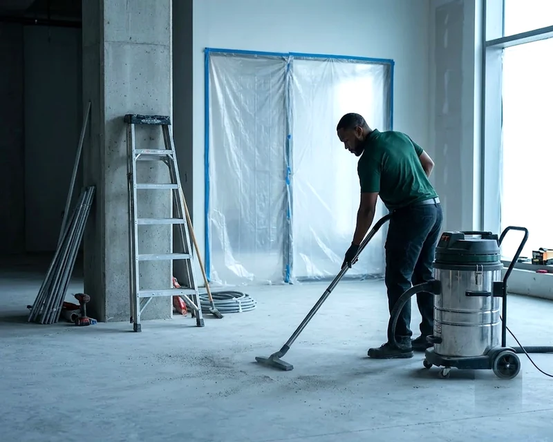 Worker vacuuming drywall dust from a newly finished floor in Cincinnati